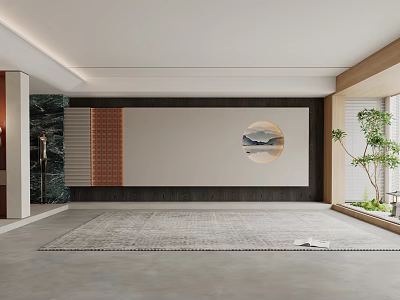 Modern Living Room Interior Design With Circular Mountain Landscape Painting Large Windows And Green Plant 3d model