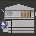 Cartoon Style Traditional Japanese Building With Red Tile Roof Wooden Structure And Blue Curtain