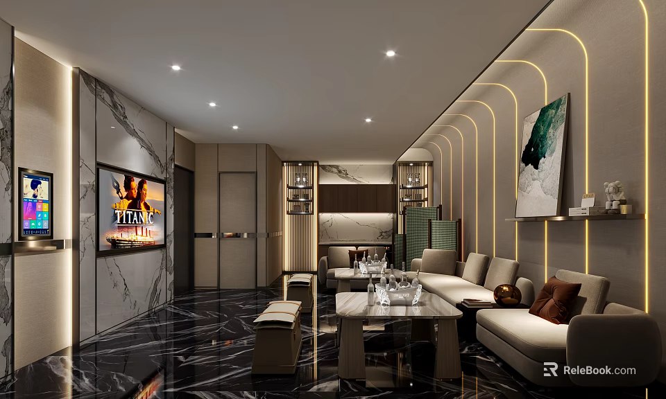 Modern KTV Lounge Interior With Sofa Coffee Table TV Screen And Decorative Painting 3d model 