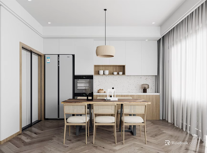 Modern Restaurant Interior With Wooden Dining Table Chairs Pendant Light White Cabinets And Wooden Accents 3d model 