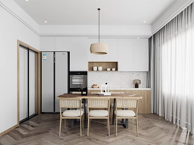 Modern Restaurant Interior With Wooden Dining Table Chairs Pendant Light White Cabinets And Wooden Accents 3d model