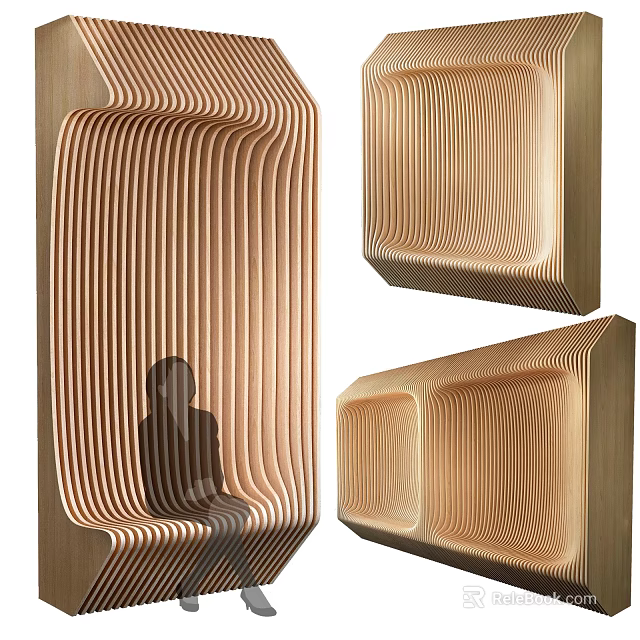 Modern Wooden Public Chair With Curved Striped Design And Person Sitting 3d model 