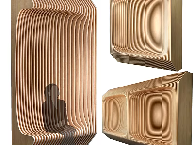 Modern Wooden Public Chair With Curved Striped Design And Person Sitting 3d model