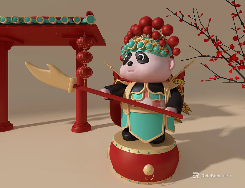Ornamental Decor Set with Peking Opera Panda Traditional Costume Red Lanterns Pillars Plum Blossom Branches 3d model 