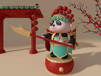 Ornamental Decor Set with Peking Opera Panda Traditional Costume Red Lanterns Pillars Plum Blossom Branches 3d model