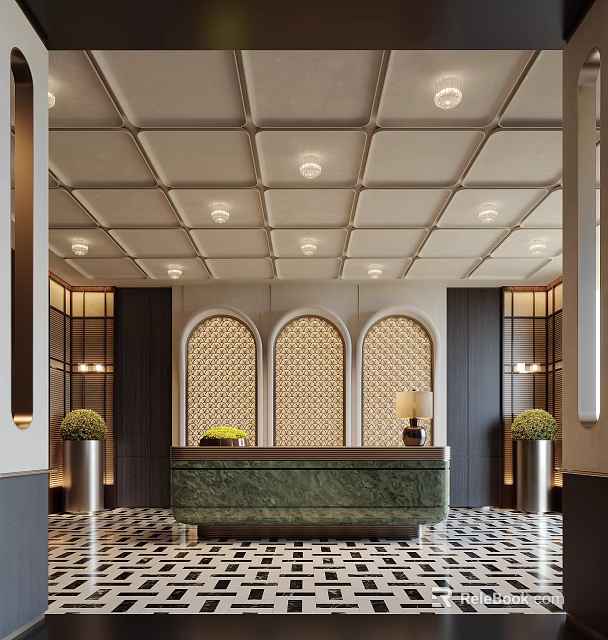 Elegant Hotel Lobby Interior With Recessed Ceiling Lighting And Marble Reception Desk 3d model 