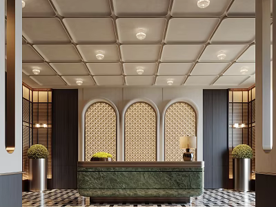 Elegant Hotel Lobby Interior With Recessed Ceiling Lighting And Marble Reception Desk 3d model