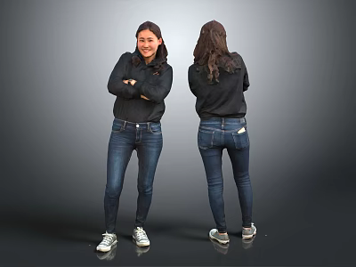 Woman Front Back View Wearing Black Top Blue Jeans White Sneakers on Gray Background 3d model