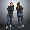 Woman Front Back View Wearing Black Top Blue Jeans White Sneakers on Gray Background