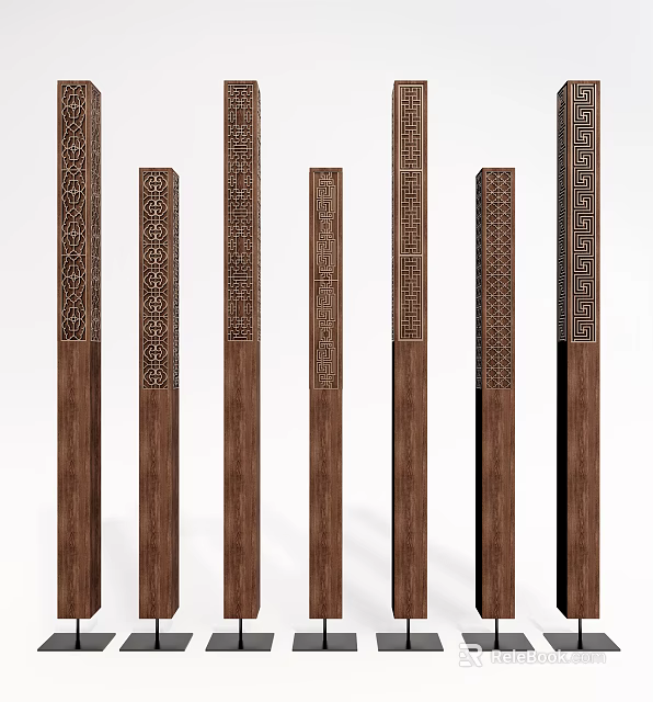 Multiple Wooden Columns with Intricate Carved Patterns and Unique Designs 3d model 