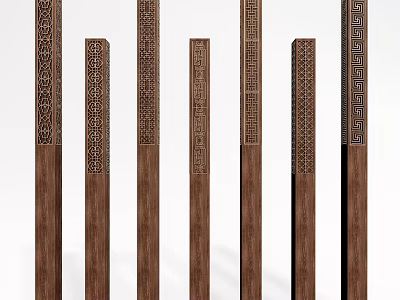 Multiple Wooden Columns with Intricate Carved Patterns and Unique Designs 3d model