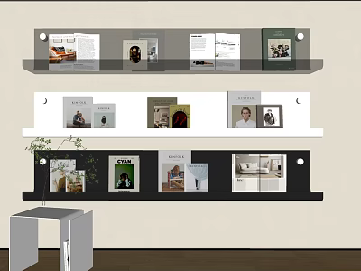 Modern Black And White Wall Mounted Bookcase With Multiple Shelves And Decorative Books 3d model