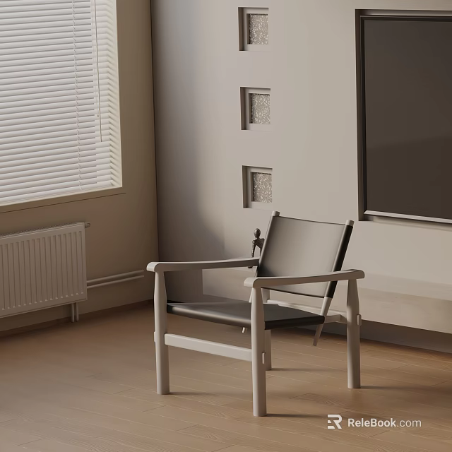 Modern Leisure Chair With White Wooden Frame And Gray Leather Seat By Window Blinds 3d model 