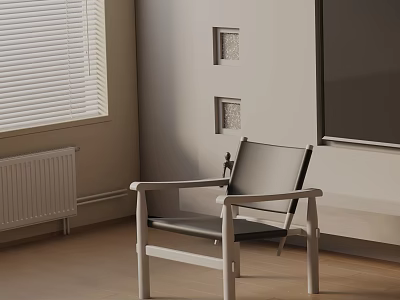 Modern Leisure Chair With White Wooden Frame And Gray Leather Seat By Window Blinds 3d model