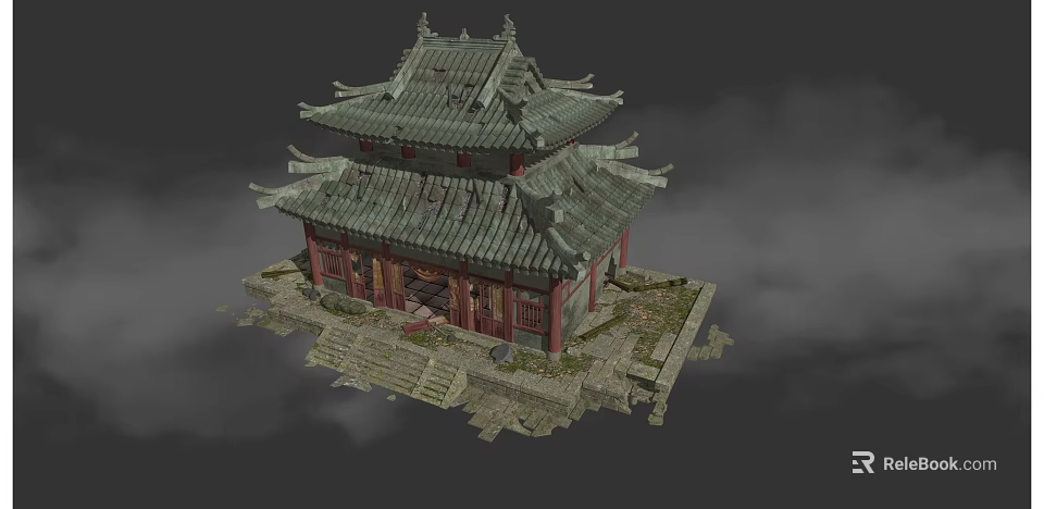 Double Eaved Traditional Chinese Ancient Architecture With Green Tiled Roof Red Structure And Stone Steps 3d model 