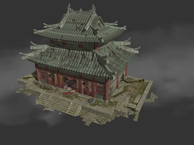 Double Eaved Traditional Chinese Ancient Architecture With Green Tiled Roof Red Structure And Stone Steps 3d model