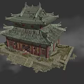 Double Eaved Traditional Chinese Ancient Architecture With Green Tiled Roof Red Structure And Stone Steps