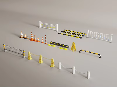 Various Types of Safety Railings with Traffic Cones and Speed Bumps 3d model