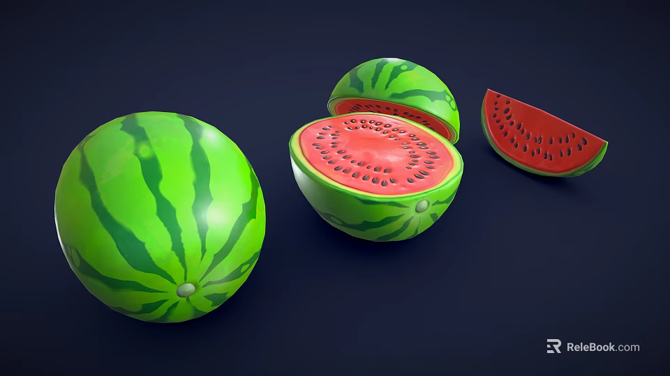 Fresh Whole And Sliced Watermelon With Juicy Red Flesh And Black Seeds 3d model 