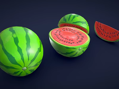 Fresh Whole And Sliced Watermelon With Juicy Red Flesh And Black Seeds 3d model