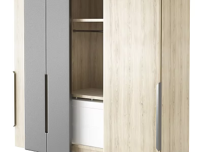 Modern Wooden Wardrobe With Gray Panel Double Door And Interior Storage Shelves 3d model