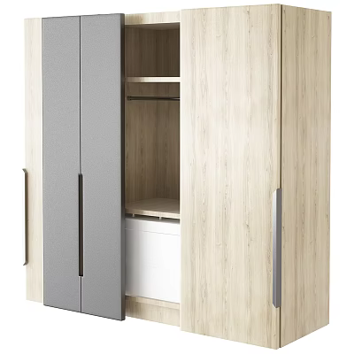 Modern Wooden Wardrobe With Gray Panel Double Door And Interior Storage Shelves 3d model