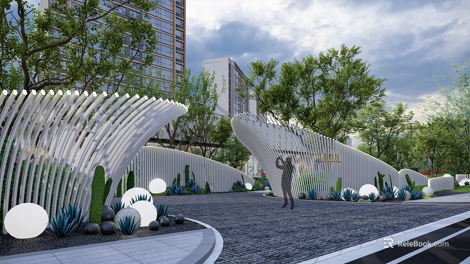 Modern Garden Landscape With White Curved Structures Trees Round Lights And Pebble Path 3d model