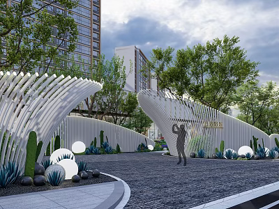 Modern Garden Landscape With White Curved Structures Trees Round Lights And Pebble Path 3d model