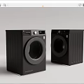 Two Modern Black Washing Machines With Digital Control Panels And Sleek Design