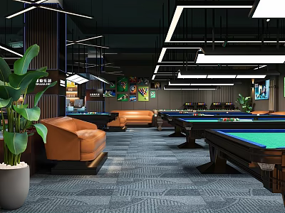 Modern Billiard Room Interior Featuring Pool Tables Leather Sofas Ceiling Lights And Green Plants 3d model