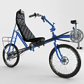 Blue Recumbent Bicycle with Black Padded Seat Curved Handlebars and Large Front Wheel