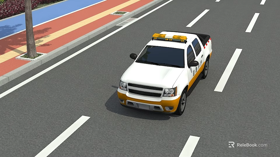 Essential Road Facilities With Warning Light Vehicle White Lane Markings And Colored Sidewalk 3d model 