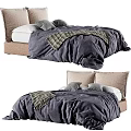 Modern Double Bed With Linen Headboard Dark Gray Quilt Plaid Blanket And Gray Pillows