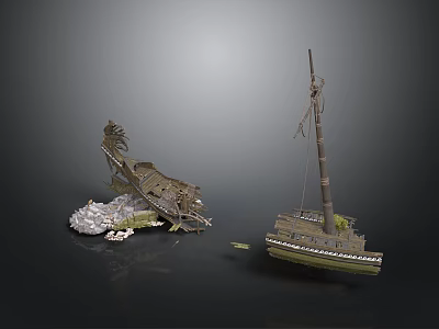 Vintage Watercraft Featuring Damaged Boat Wreckage And Intact Sailing Vessel With Mast 3d model