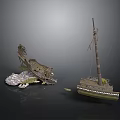 Vintage Watercraft Featuring Damaged Boat Wreckage And Intact Sailing Vessel With Mast