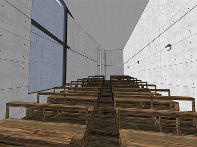 Religious Worship Interior With Wooden Pews And Stone Wall Design 3d model