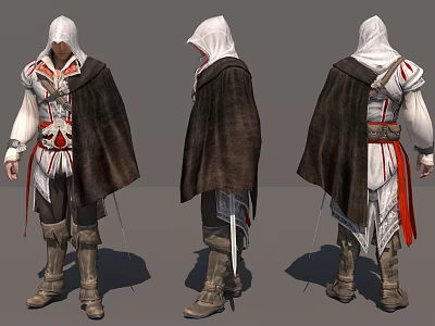 Assassins Creed Game Character Altair Hooded Costume Three Views 3d model