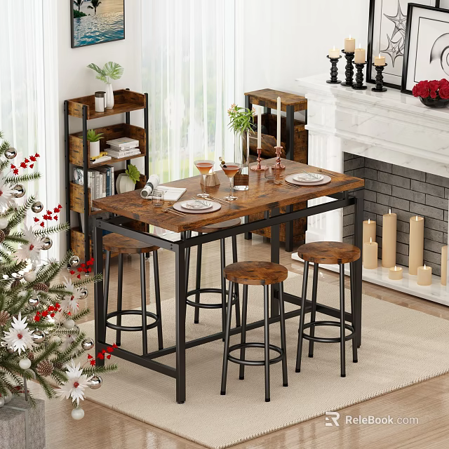 Christmas Themed Restaurant Dining Space with Wooden Table Bar Stools Fireplace and Decorative Shelves 3d model 