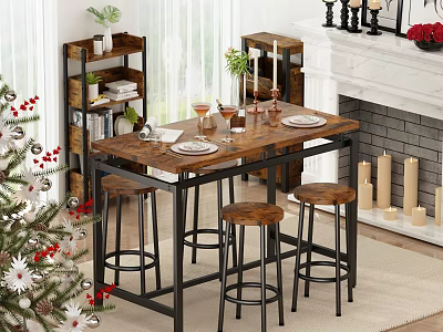Christmas Themed Restaurant Dining Space with Wooden Table Bar Stools Fireplace and Decorative Shelves 3d model