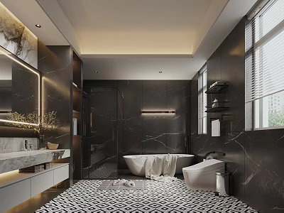Modern Bathroom Interior with Marble Walls Bathtub Vanity and Patterned Floor Tiles 3d model