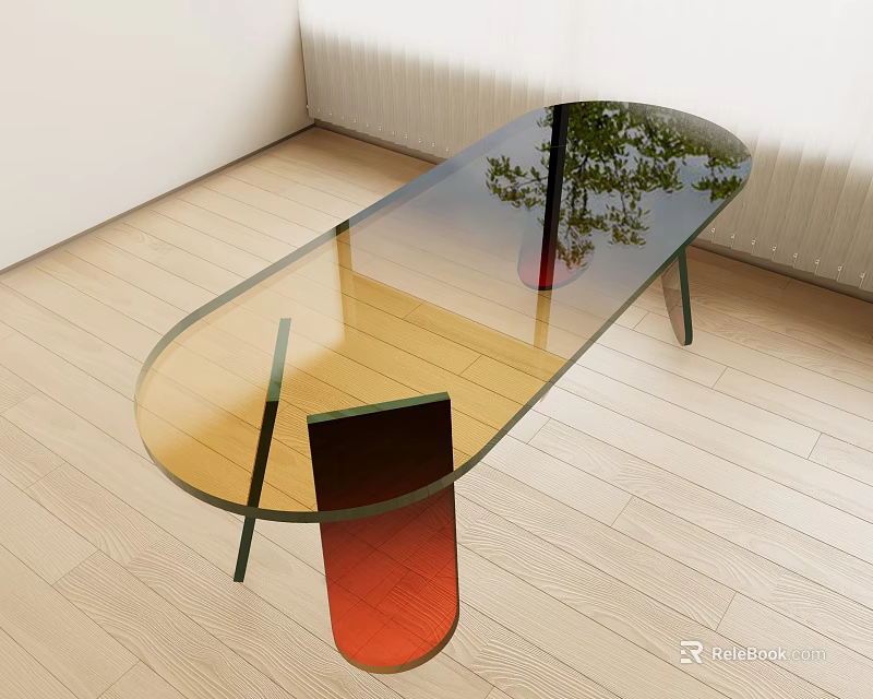 Modern Transparent Glass Dining Table With Gradient Red Legs And Tree Shadow On Wooden Floor 3d model 