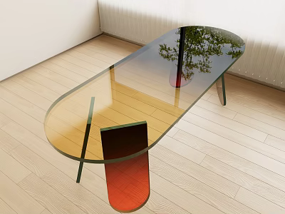 Modern Transparent Glass Dining Table With Gradient Red Legs And Tree Shadow On Wooden Floor 3d model