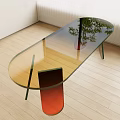 Modern Transparent Glass Dining Table With Gradient Red Legs And Tree Shadow On Wooden Floor