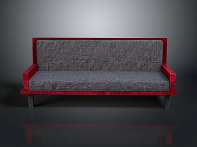 Modern Sofa With Red Wooden Frame And Gray Fabric Cushion And Backrest 3d model