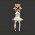 Elf Girl With Yellow Headband In White Green Dress Holding Sunflower On Blue Cloud Platform
