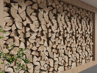Natural Wooden Log Background Wall Decorated With Stacked Firewood And Green Plants 3d model