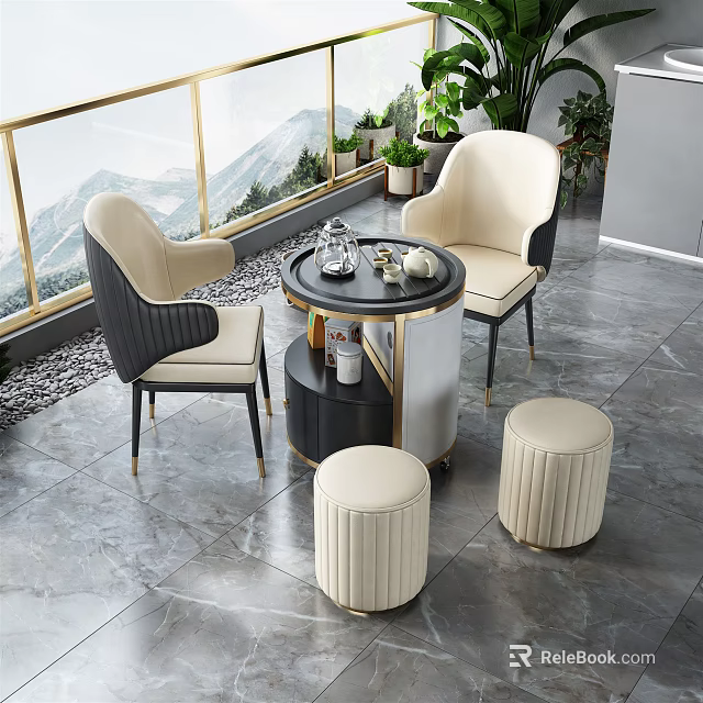 Modern Tea Table And Chairs With Beige Armchairs Round Tray Stools Window View And Plants 3d model 