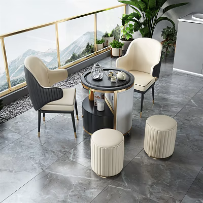 Modern Tea Table And Chairs With Beige Armchairs Round Tray Stools Window View And Plants 3d model