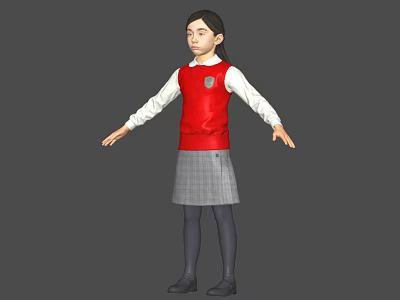 Woman Wearing Red Vest White Long Sleeve Shirt Gray Plaid Skirt Black Tights Arms Outstretched 3d model