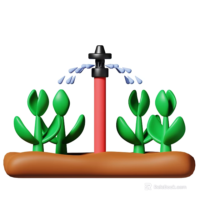 Water Sprinkler with Red Pole Black Head Spraying Water on Green Plants in Brown Soil 3d model 